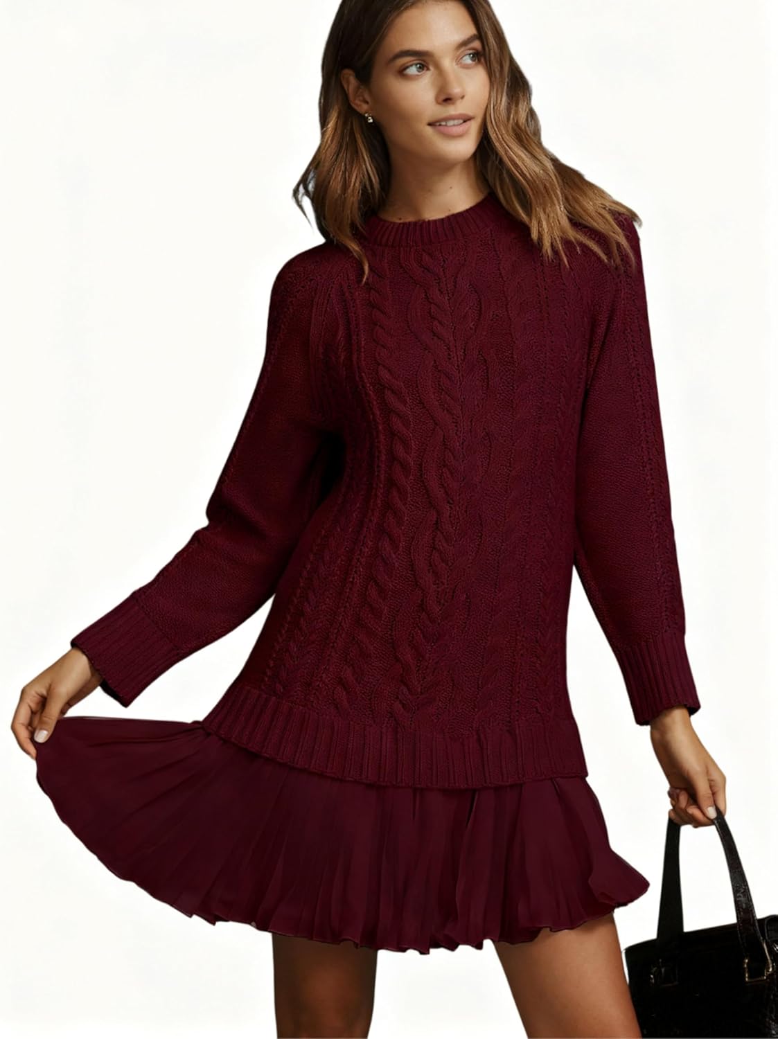 Women Cable Knit Sweater Dress Crewneck Long Sleeve Pleated Mini Dress Twofer Style Patchwork Dress