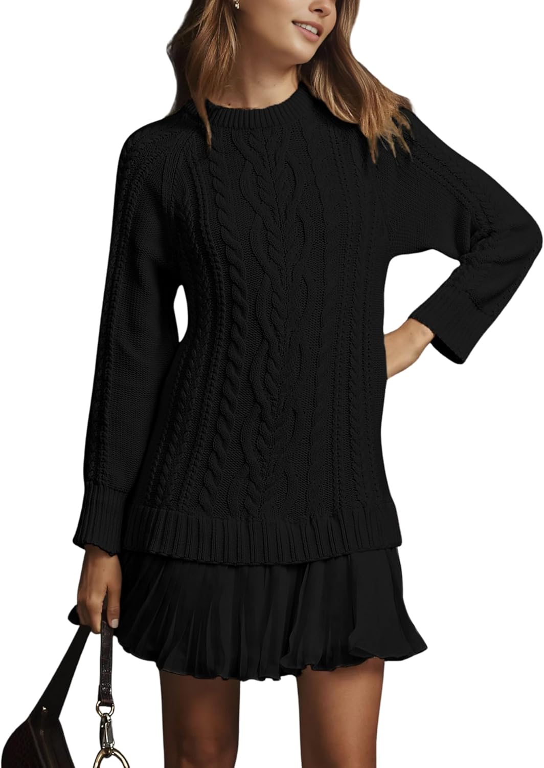 Women Cable Knit Sweater Dress Crewneck Long Sleeve Pleated Mini Dress Twofer Style Patchwork Dress