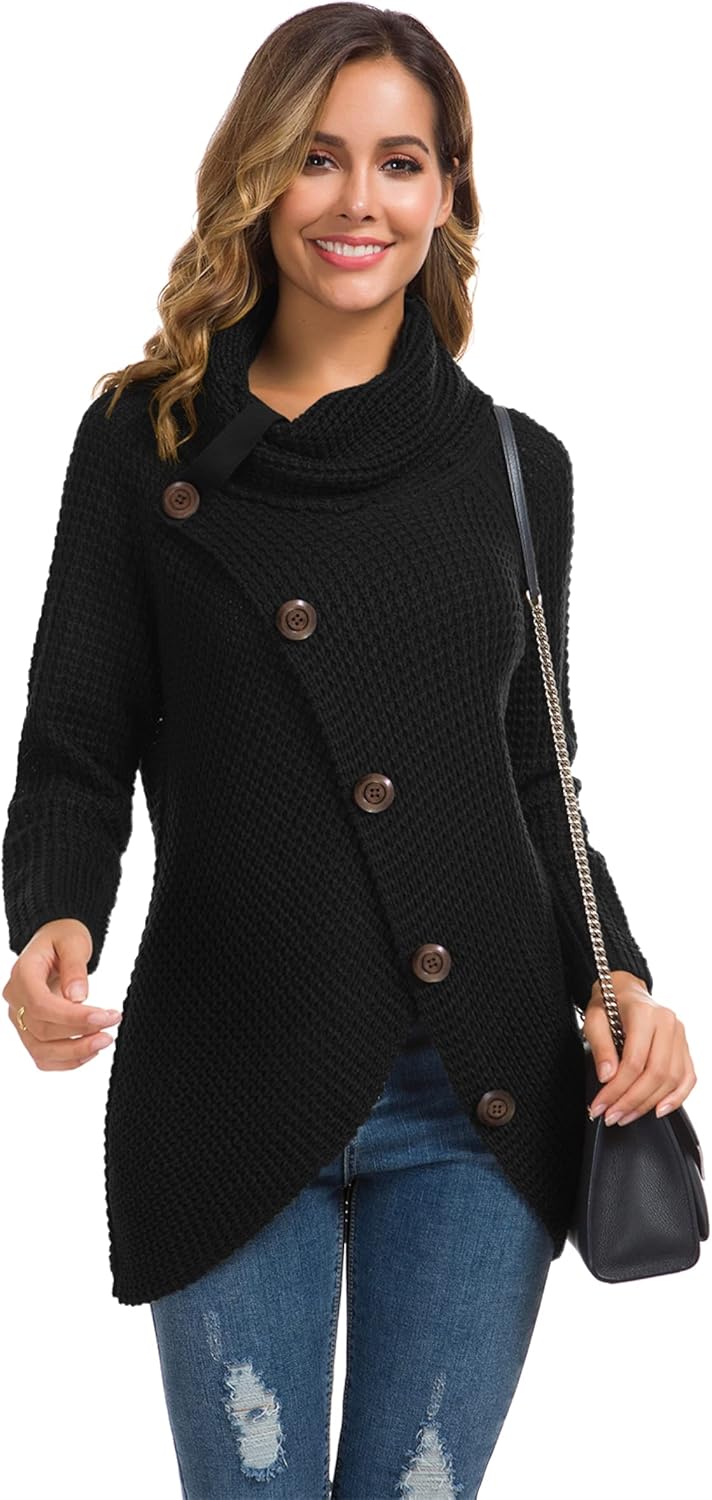 Women's Chunky Turtleneck Long Sleeve Asymmetric Hem Loose Knit Pullover Sweaters