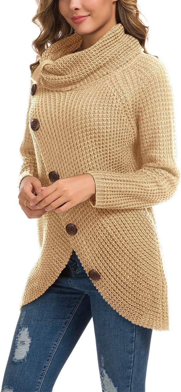 Women's Chunky Turtleneck Long Sleeve Asymmetric Hem Loose Knit Pullover Sweaters