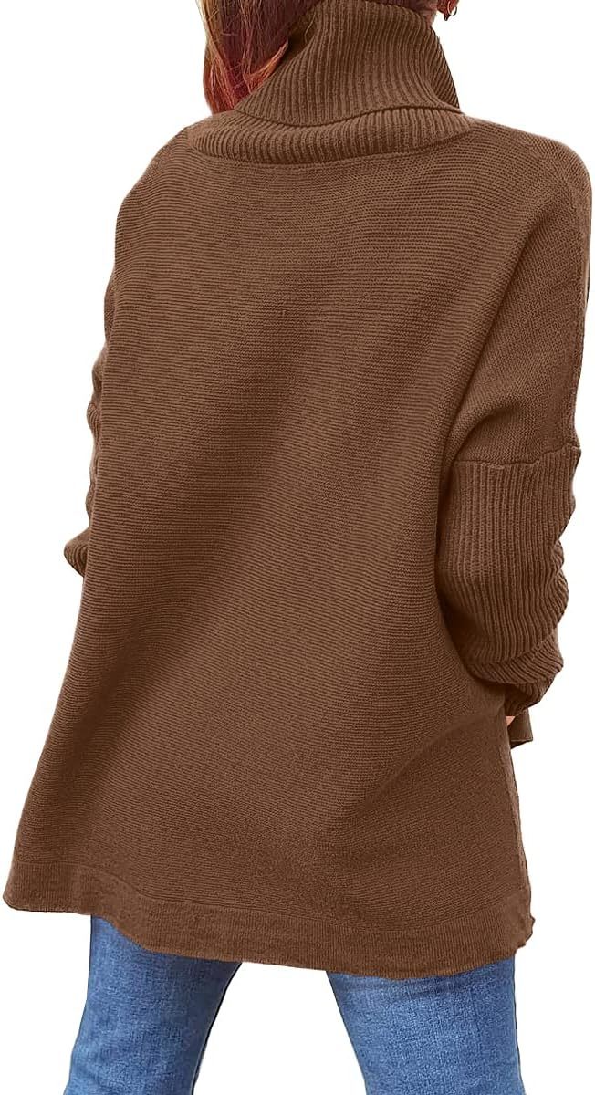 Women's Turtleneck Oversized Sweaters Long Batwing Sleeve Spilt Hem Tunic Pullover Knit Tops
