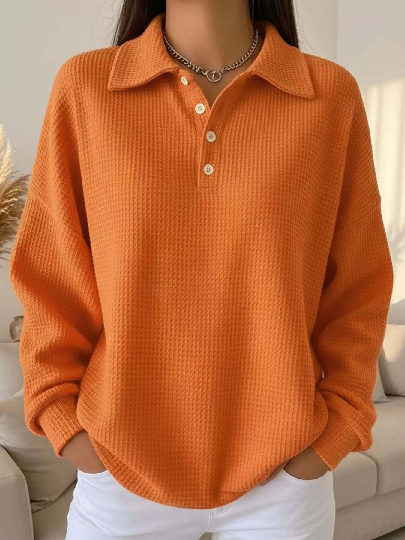 Women's Waffle Knit Polo Collar Henley Top - Casual Loose Drop Shoulder Long Sleeve Shirts