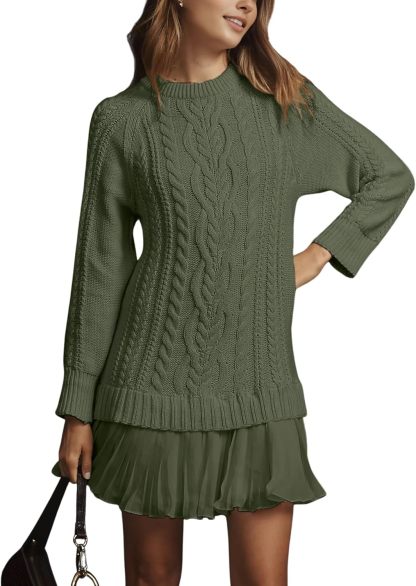 Women Cable Knit Sweater Dress Crewneck Long Sleeve Pleated Mini Dress Twofer Style Patchwork Dress