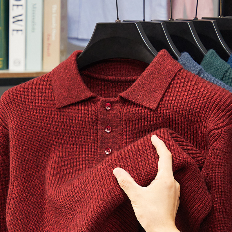 2025 Men's Autumn and Winter Cashmere Ribbed Knit Polo Sweater