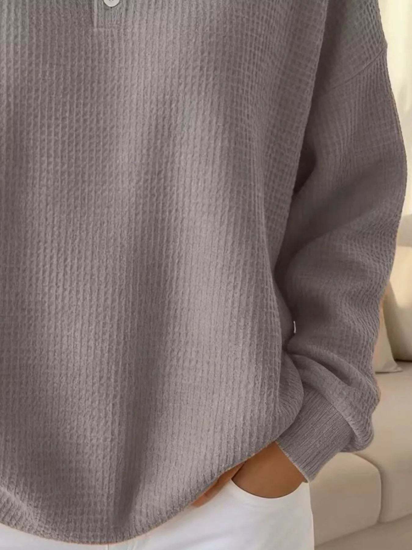 Women's Waffle Knit Polo Collar Henley Top - Casual Loose Drop Shoulder Long Sleeve Shirts