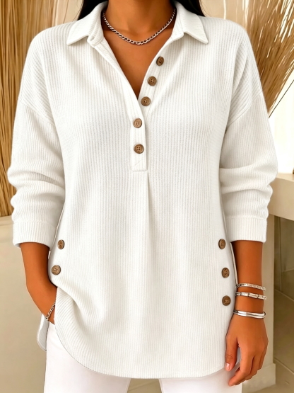 Women's Ribbed Knit Lapel Collar Tops - Casual V-Neck Button Down Shirts with Decorative Side Buttons