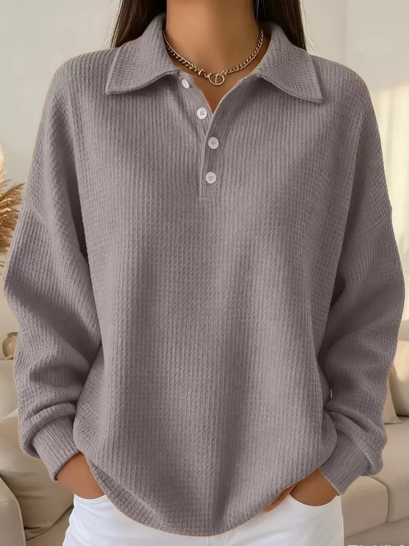Women's Waffle Knit Polo Collar Henley Top - Casual Loose Drop Shoulder Long Sleeve Shirts