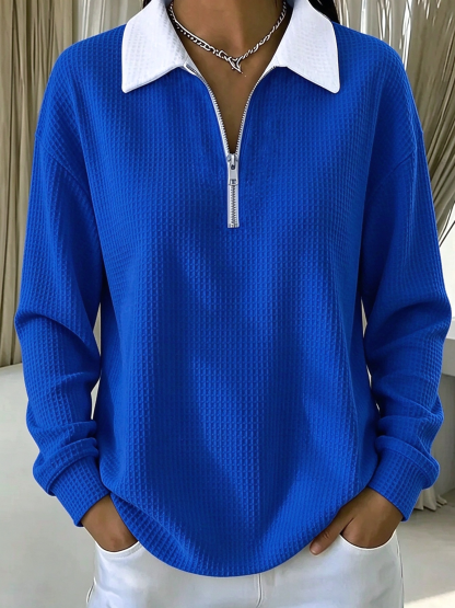 🔥Red Half Zip Collared Waffle Knit Sweatshirt