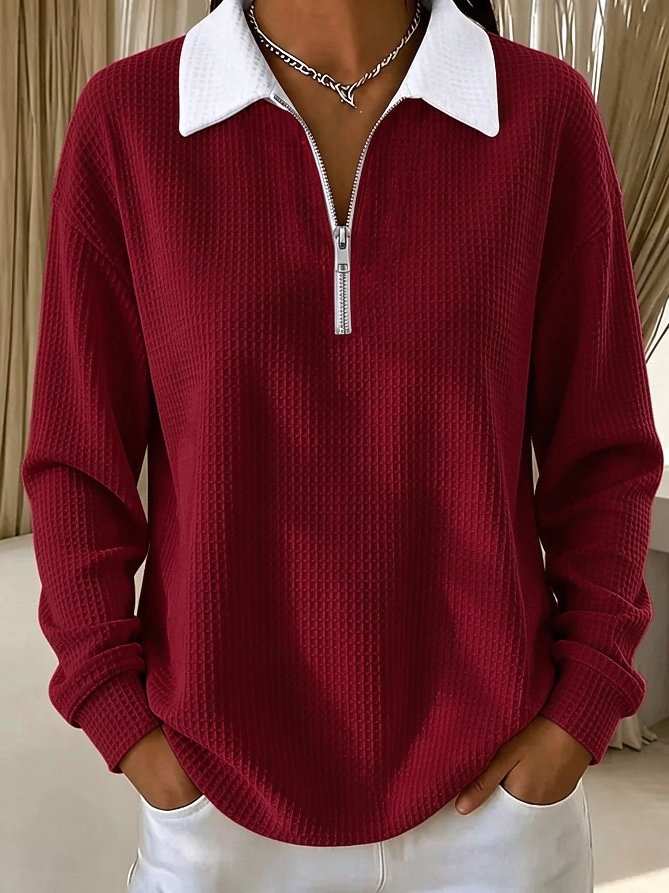 🔥Red Half Zip Collared Waffle Knit Sweatshirt