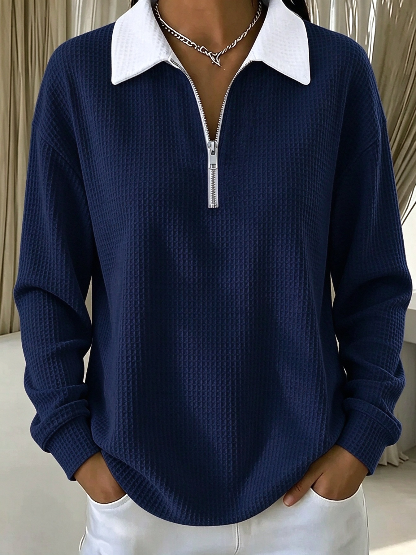 🔥Red Half Zip Collared Waffle Knit Sweatshirt