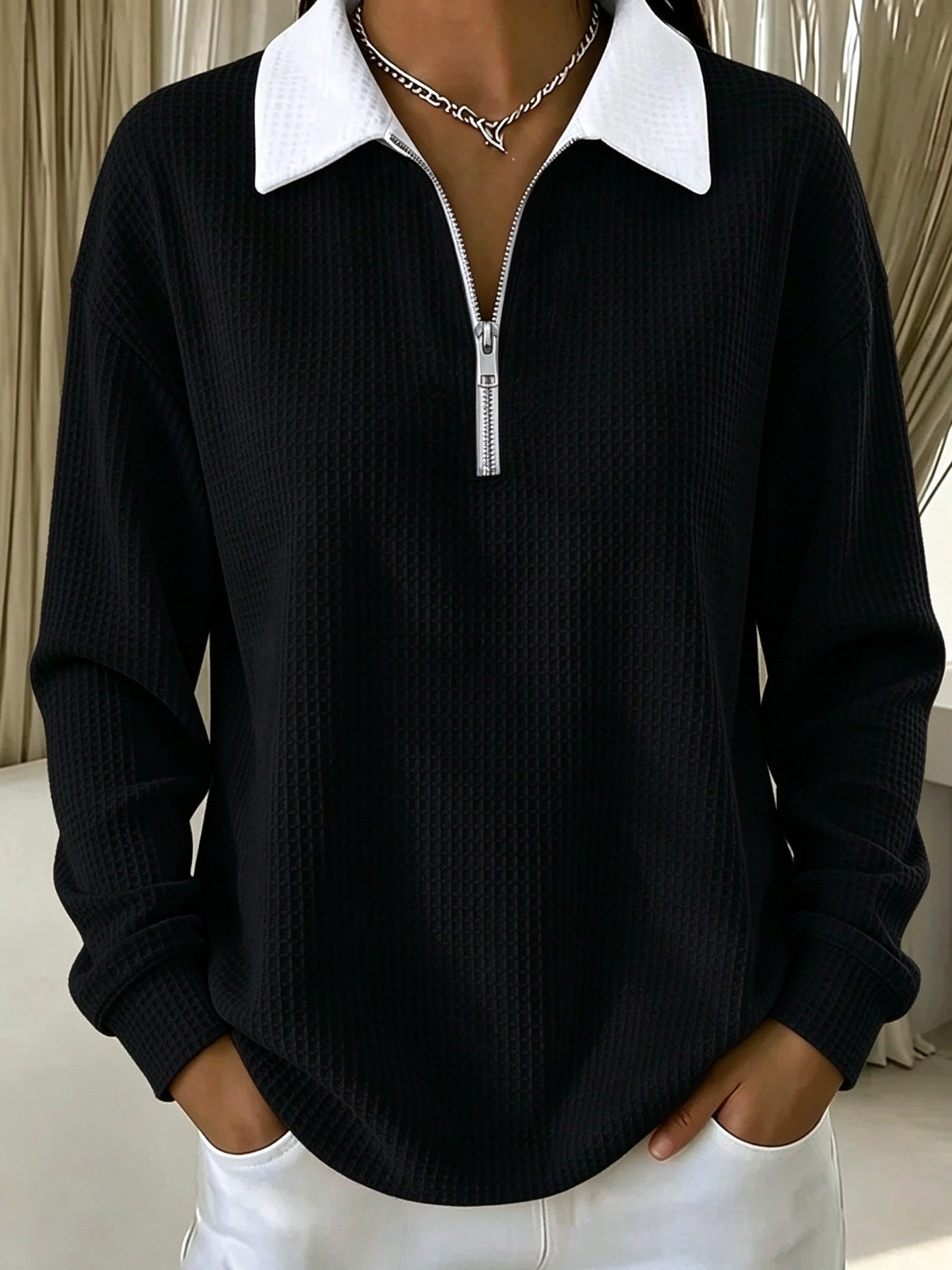 🔥Red Half Zip Collared Waffle Knit Sweatshirt