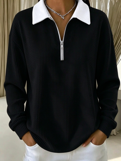 🔥Red Half Zip Collared Waffle Knit Sweatshirt