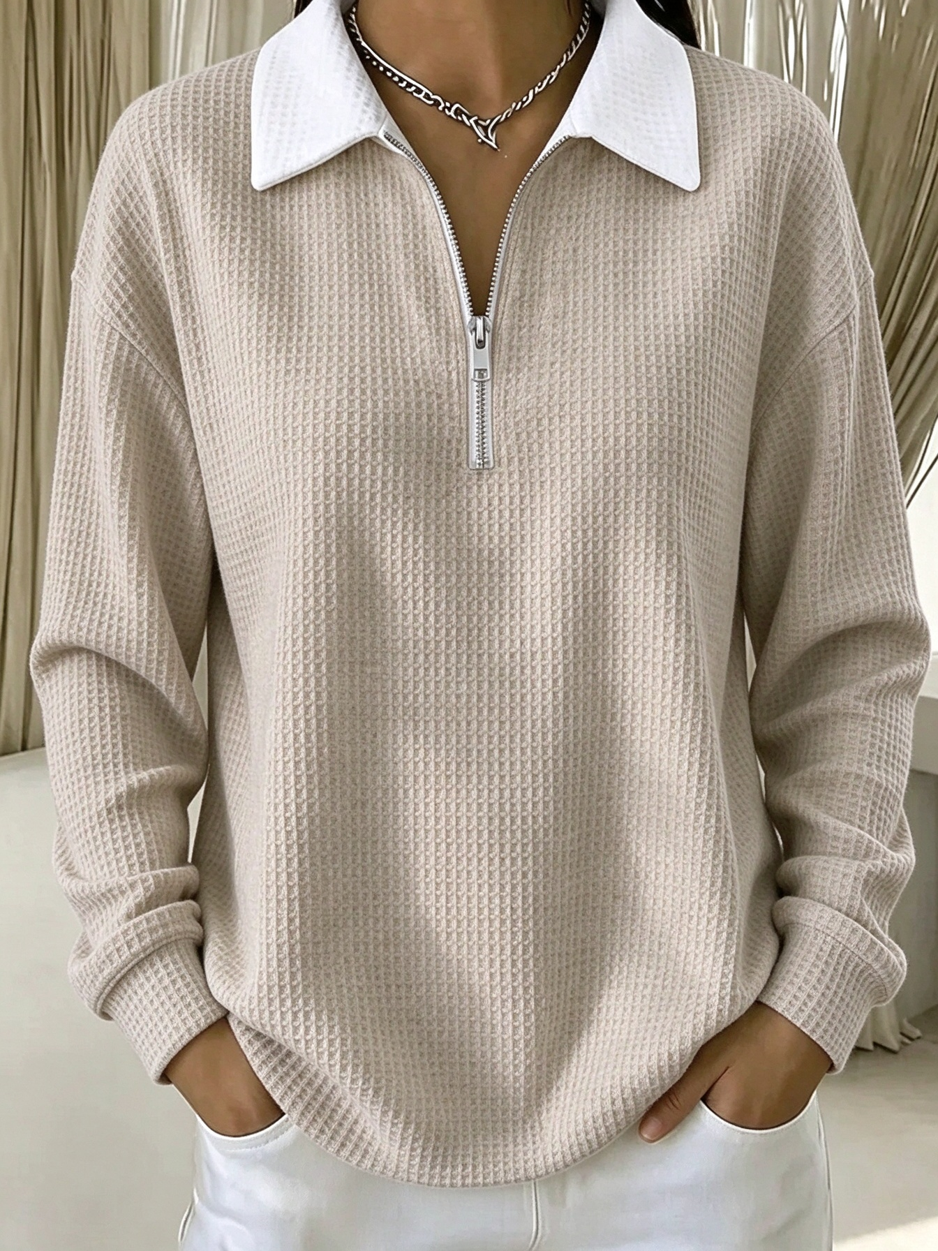 🔥Red Half Zip Collared Waffle Knit Sweatshirt