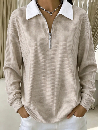 🔥Red Half Zip Collared Waffle Knit Sweatshirt