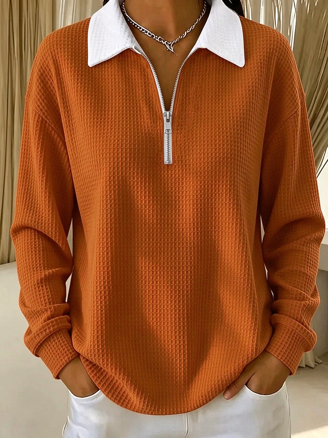 🔥Red Half Zip Collared Waffle Knit Sweatshirt
