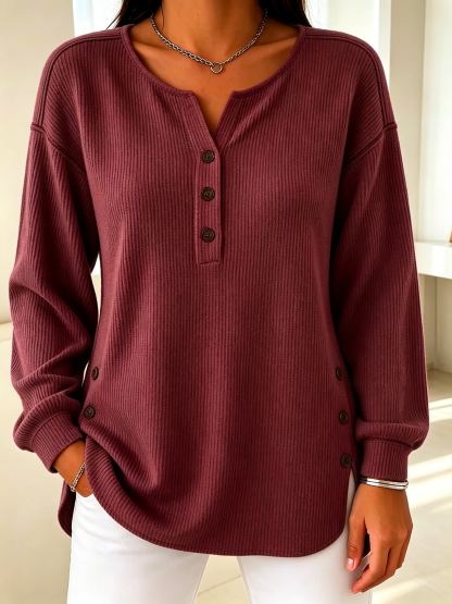 Women’s Ribbed Knit Henley Top Long Sleeve Loose Fit Curved Hem Blouse