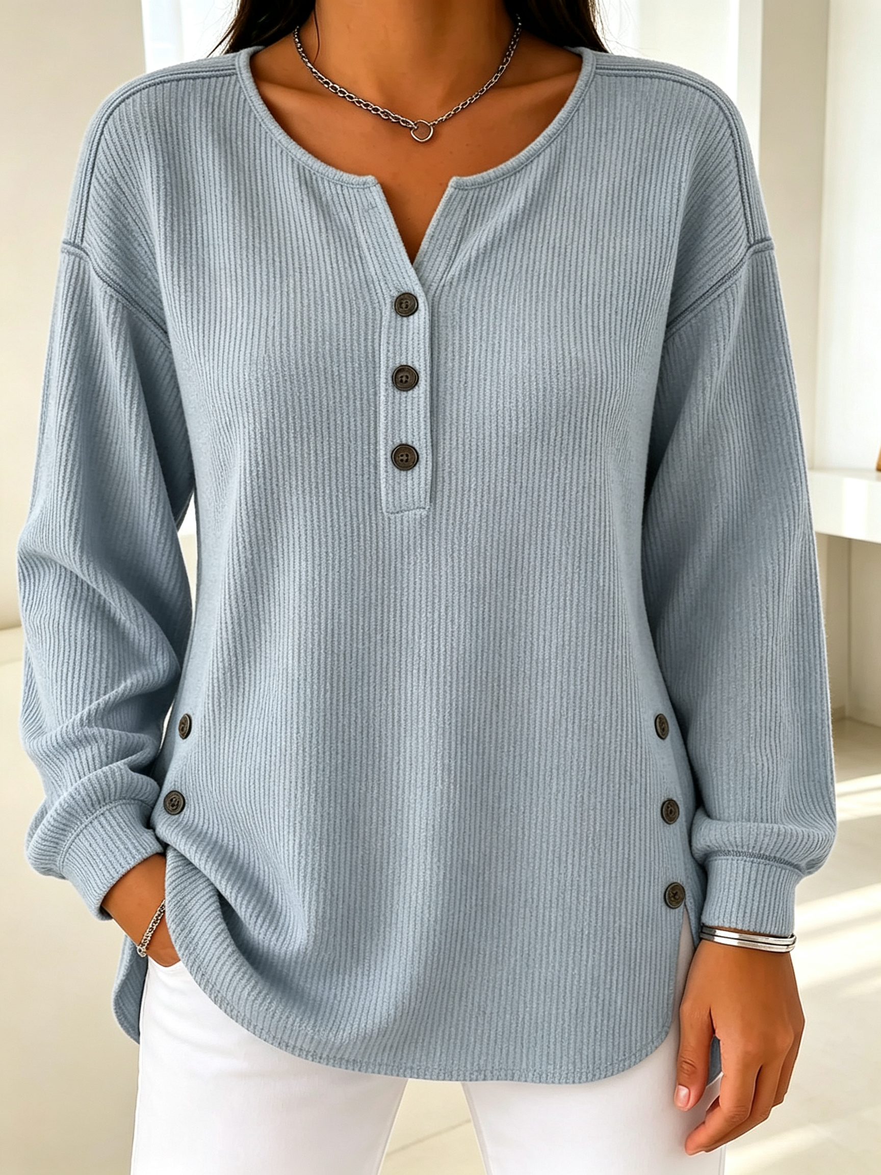 Women’s Ribbed Knit Henley Top Long Sleeve Loose Fit Curved Hem Blouse