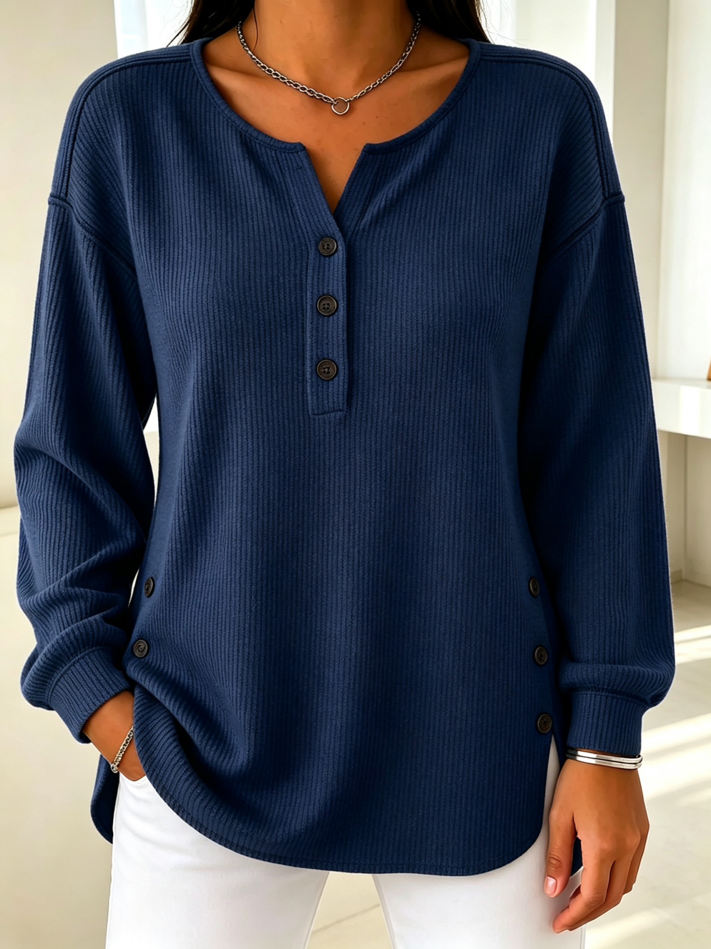 Women’s Ribbed Knit Henley Top Long Sleeve Loose Fit Curved Hem Blouse