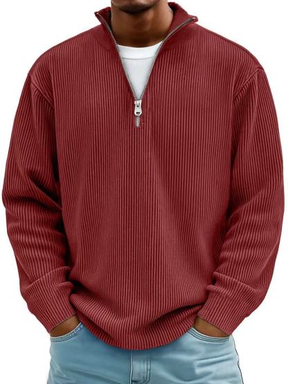 Men's Simple Casual Ribbed Stand-Collar Zip Long-Sleeve Tee