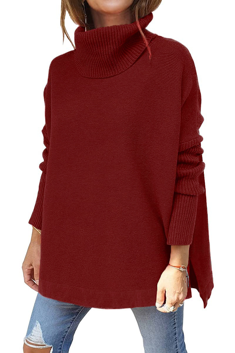 Women's Turtleneck Oversized Sweaters Long Batwing Sleeve Spilt Hem Tunic Pullover Knit Tops