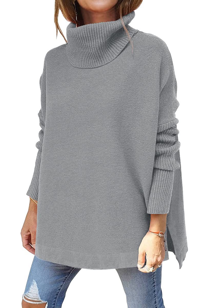 Women's Turtleneck Oversized Sweaters Long Batwing Sleeve Spilt Hem Tunic Pullover Knit Tops
