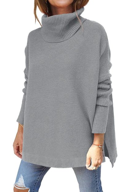 Women's Turtleneck Oversized Sweaters Long Batwing Sleeve Spilt Hem Tunic Pullover Knit Tops