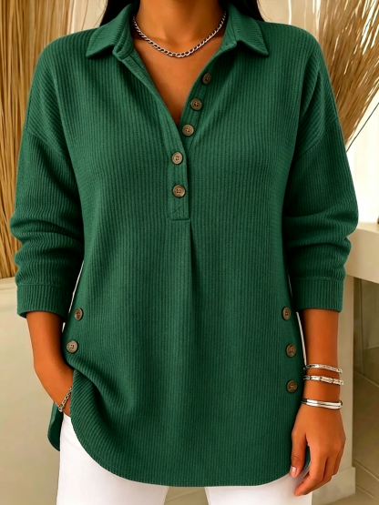 Women's Ribbed Knit Lapel Collar Tops - Casual V-Neck Button Down Shirts with Decorative Side Buttons