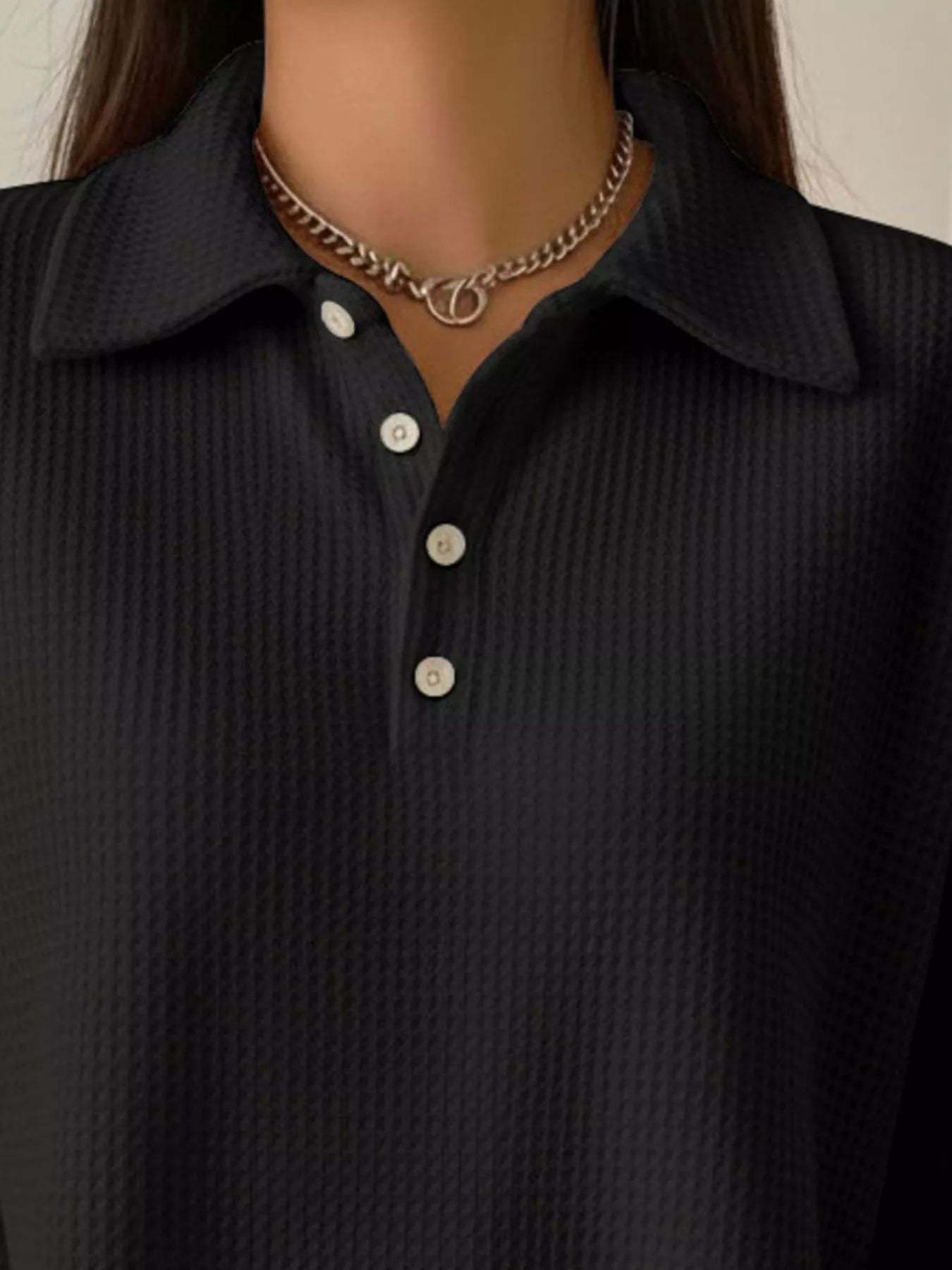 Women's Waffle Knit Polo Collar Henley Top - Casual Loose Drop Shoulder Long Sleeve Shirts