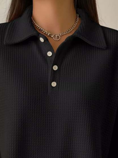 Women's Waffle Knit Polo Collar Henley Top - Casual Loose Drop Shoulder Long Sleeve Shirts