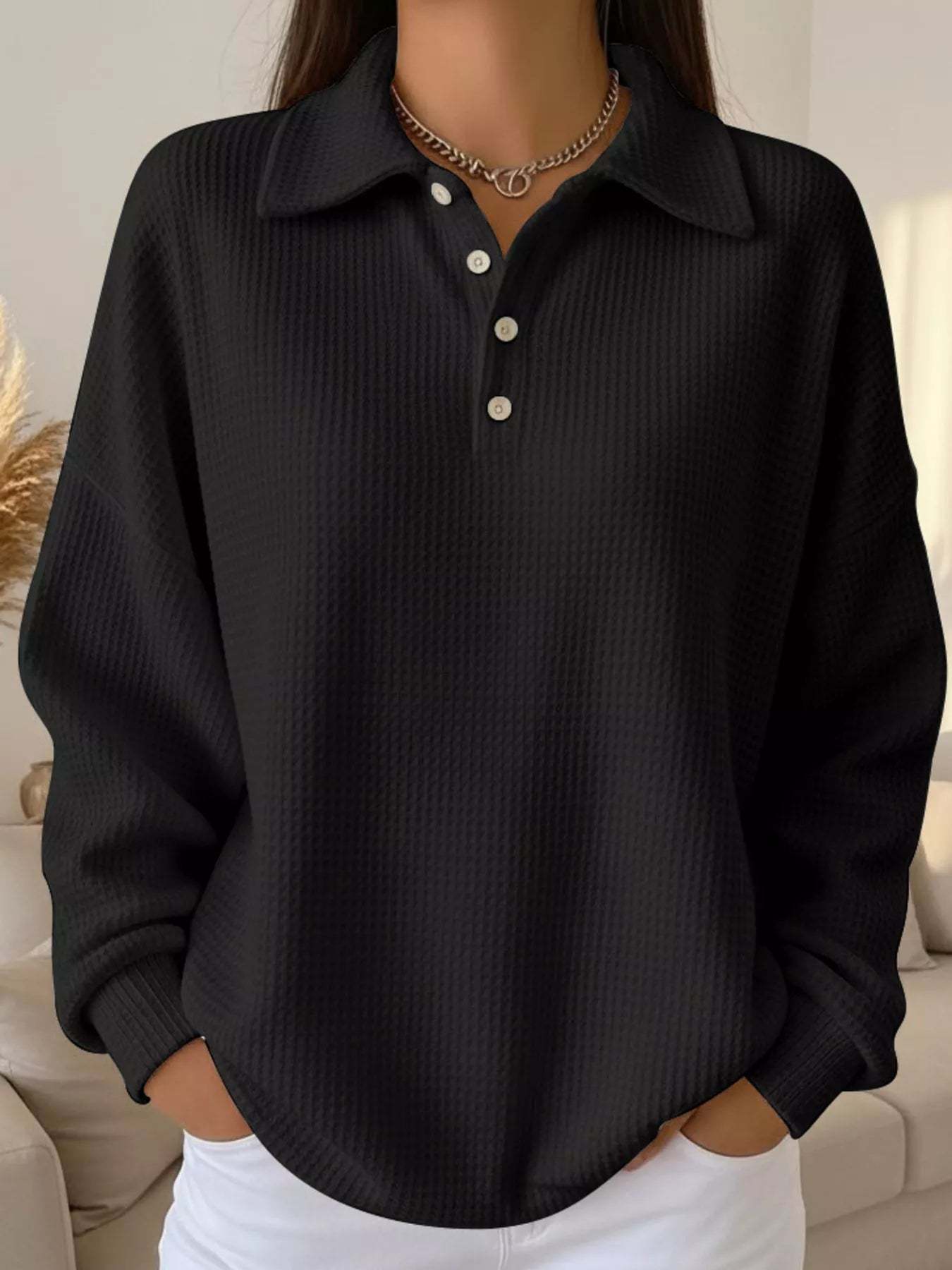Women's Waffle Knit Polo Collar Henley Top - Casual Loose Drop Shoulder Long Sleeve Shirts