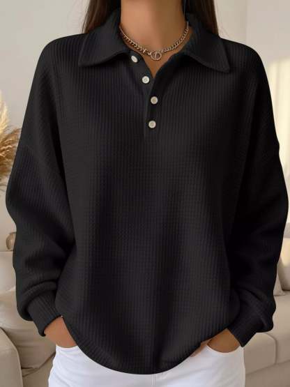 Women's Waffle Knit Polo Collar Henley Top - Casual Loose Drop Shoulder Long Sleeve Shirts