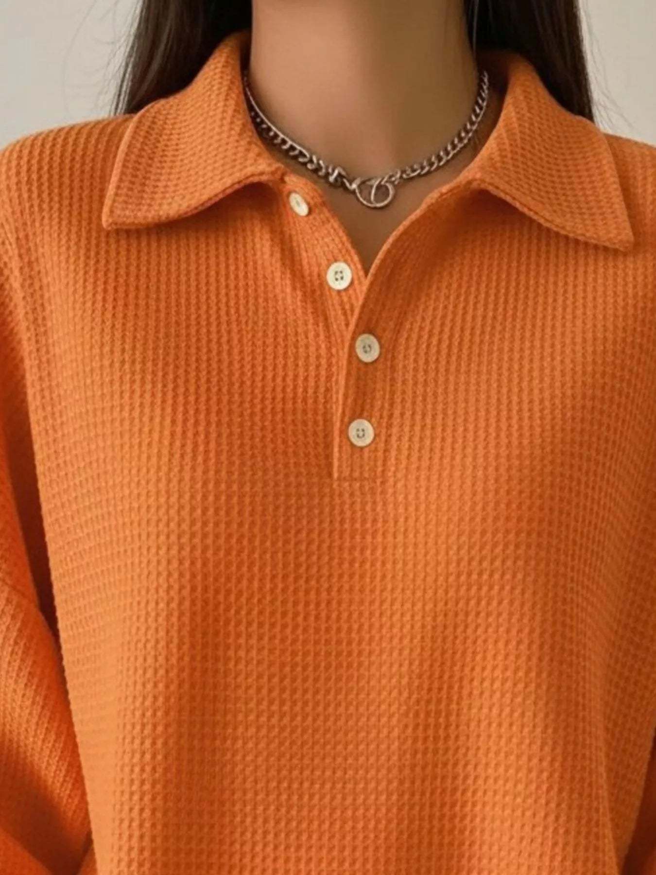 Women's Waffle Knit Polo Collar Henley Top - Casual Loose Drop Shoulder Long Sleeve Shirts