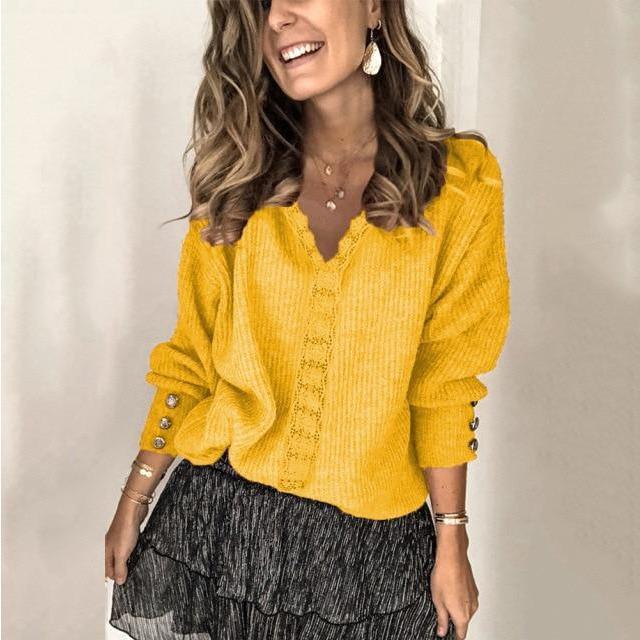 Women's Autumn Elegant Lace Long Sleeve V Neck Casual Sweater
