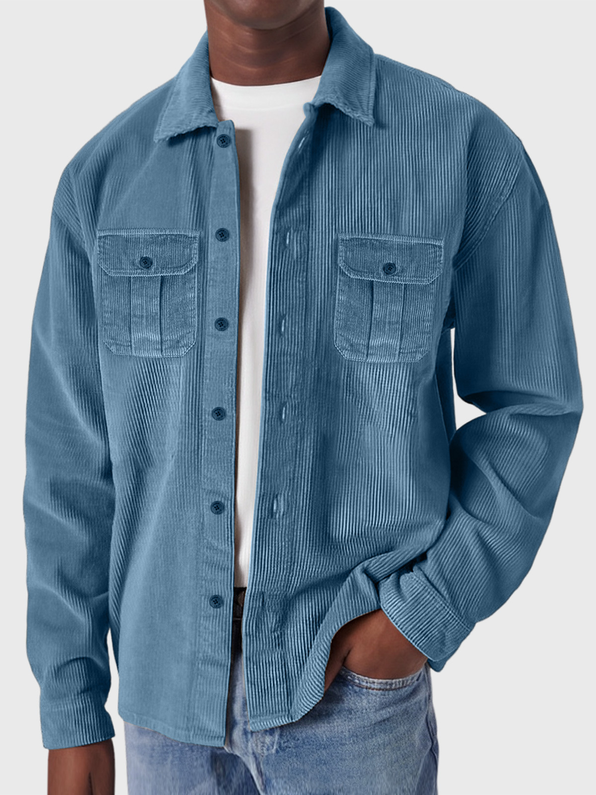 Men's Casual Corduroy Double Pocket Solid Color Long Sleeve Shirt