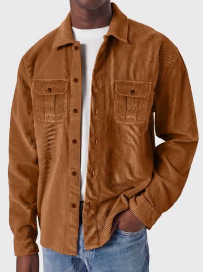 Men's Casual Corduroy Double Pocket Solid Color Long Sleeve Shirt