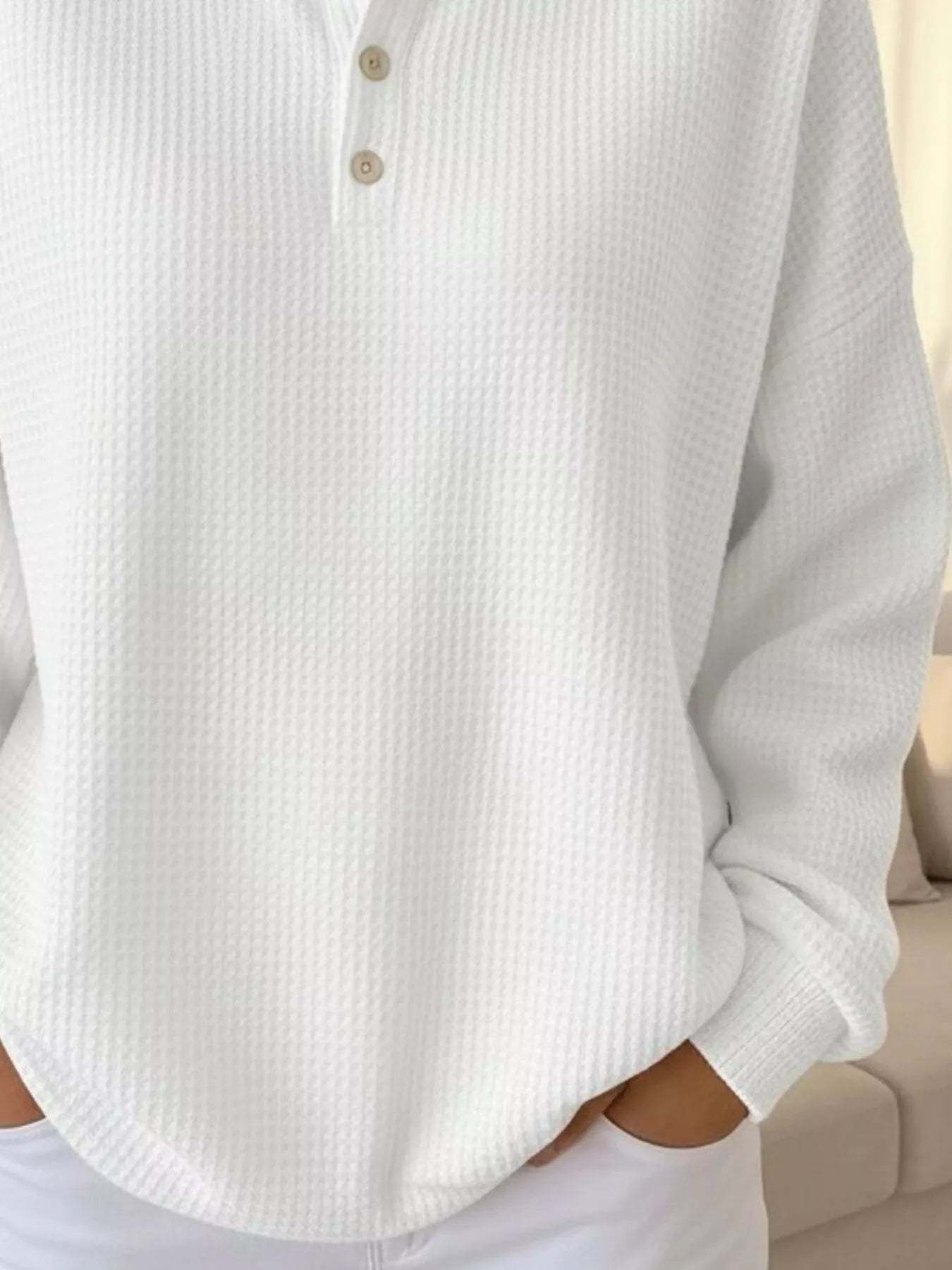 Women's Waffle Knit Polo Collar Henley Top - Casual Loose Drop Shoulder Long Sleeve Shirts