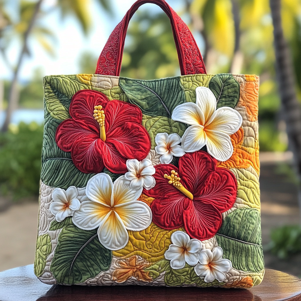 Sunset Hibiscus Quilted Tote  Bag