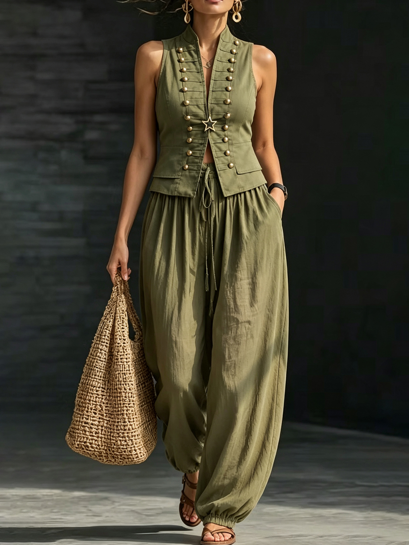 Women's Linen Blend Button Vest & Drawstring Jogger Pants 2-Piece Set