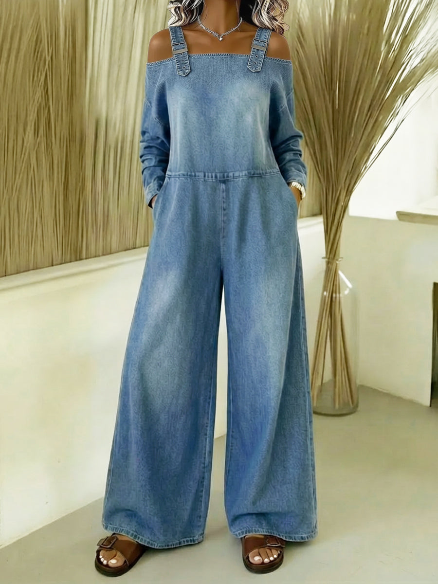 Women's Fashionable Off-the-shoulder Denim Jumpsuit