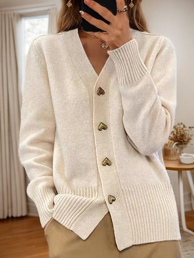 Women's Valentine Pink Sweater Cardigan Sweater Jacket V Neck Knit Button Knitted Spring Fall Daily Holiday Going out Cute Daily Soft Long Sleeve Pure Color Black White