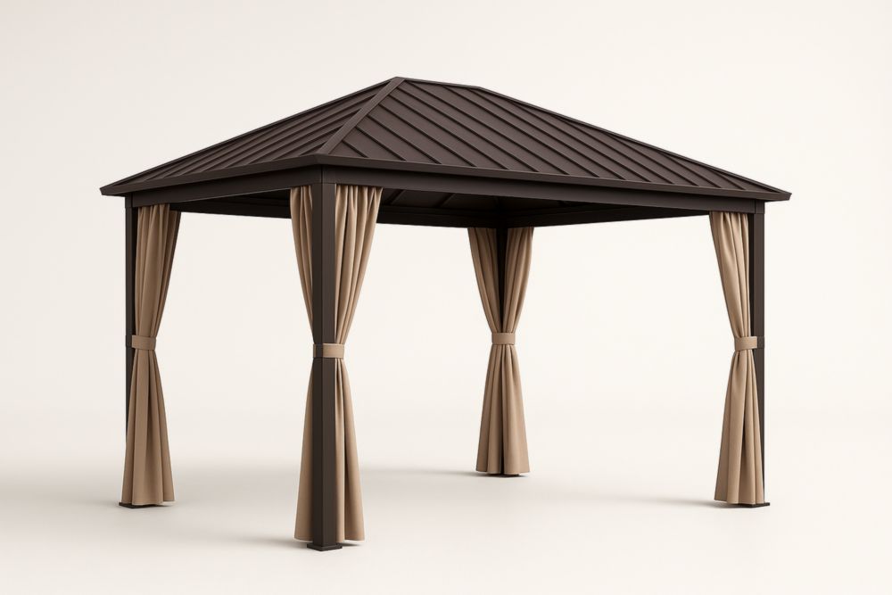 Gazebo da Giardino in Alluminio con Tetto 3x3 m Marrone con Tessuto Poliestere Beige-Zoranivo