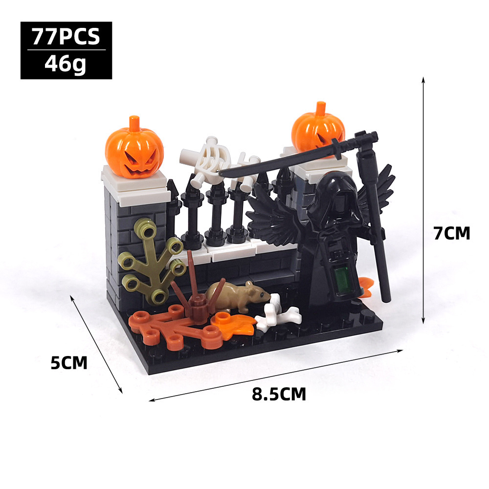 Blocs de construction pour décorations d'Halloween, scène de rue de cimetière avec fantôme et dieu de la mort, ornements de scène MOC