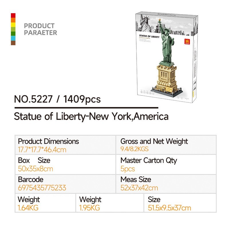Ensemble de blocs de construction Wange 5227 Statue de la Liberté, compatible avec les modèles d'assemblage pour adultes à petites pièces