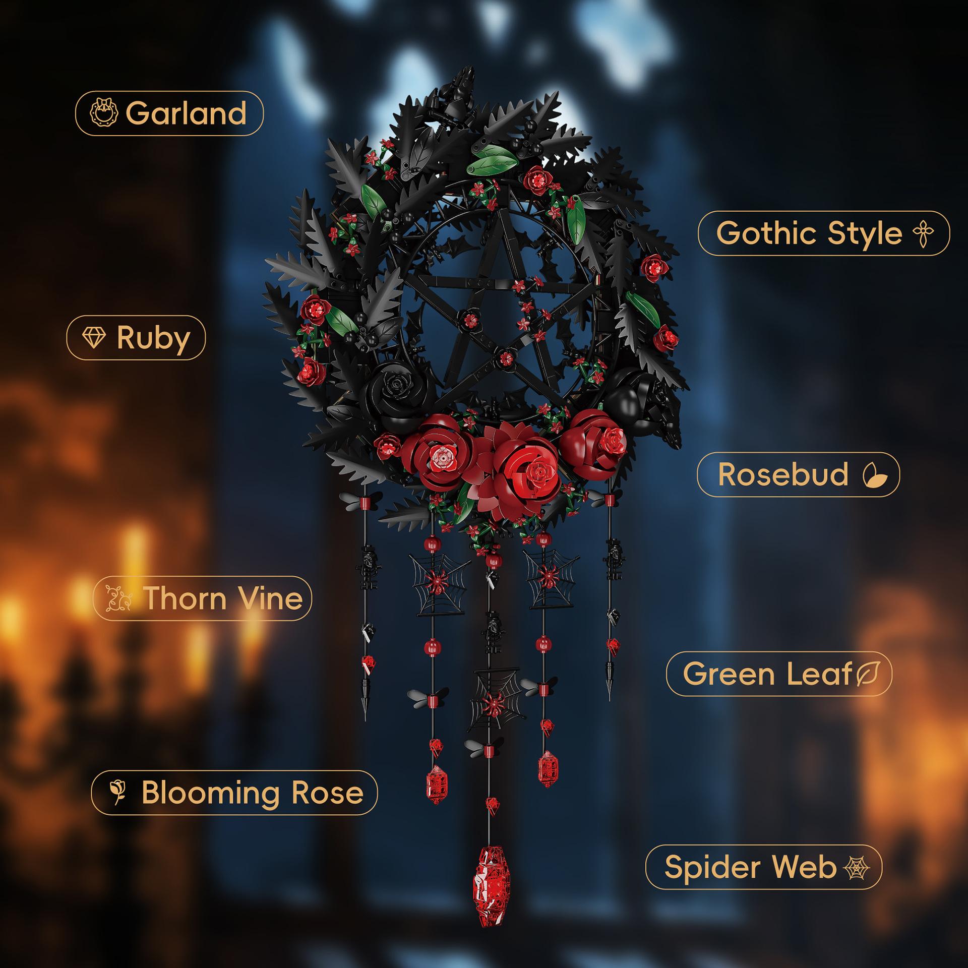 Création originale (MOC) d'Halloween de style gothique, compatible avec les ensembles de blocs de construction à petites particules comprenant des croix et des fleurs (marque non GoBricks).