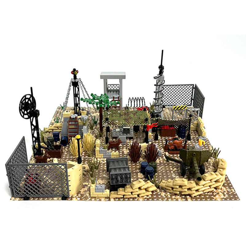 Ensemble de décor militaire désertique, ensemble de décor de camp de commandement avec poste de sentinelle, scène MOC à assembler soi-même avec de petits blocs de construction.-BricksBulk.Fr