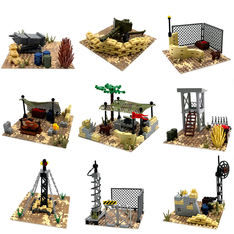 Ensemble de décor militaire désertique, ensemble de décor de camp de commandement avec poste de sentinelle, scène MOC à assembler soi-même avec de petits blocs de construction.-BricksBulk.Fr