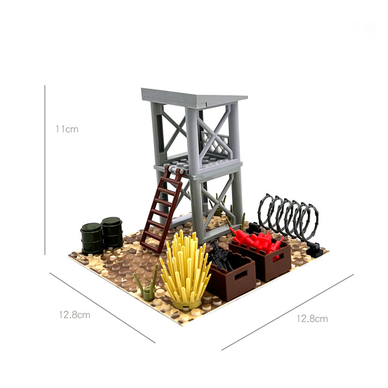 Ensemble de décor militaire désertique, ensemble de décor de camp de commandement avec poste de sentinelle, scène MOC à assembler soi-même avec de petits blocs de construction.-BricksBulk.Fr