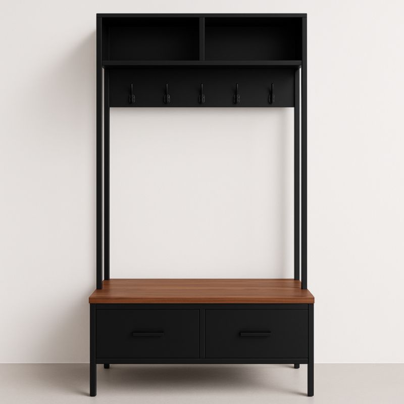 Portemanteau en métal noir avec plateau en bois et étagères