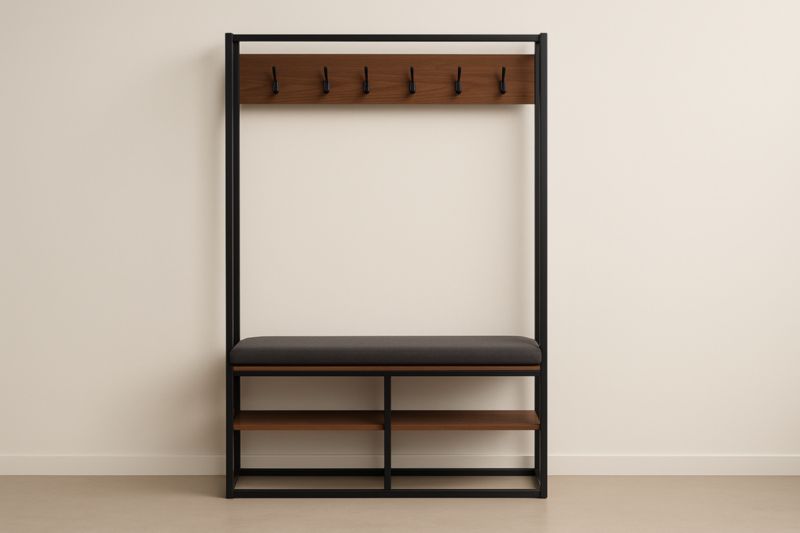 Portemanteau en Métal et Bois avec Banc en Tissu et 6 Crochets