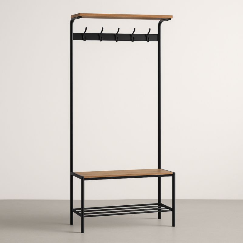 Portemanteau Noir Bois Métal avec Banc et Étagère 100x40x170cm